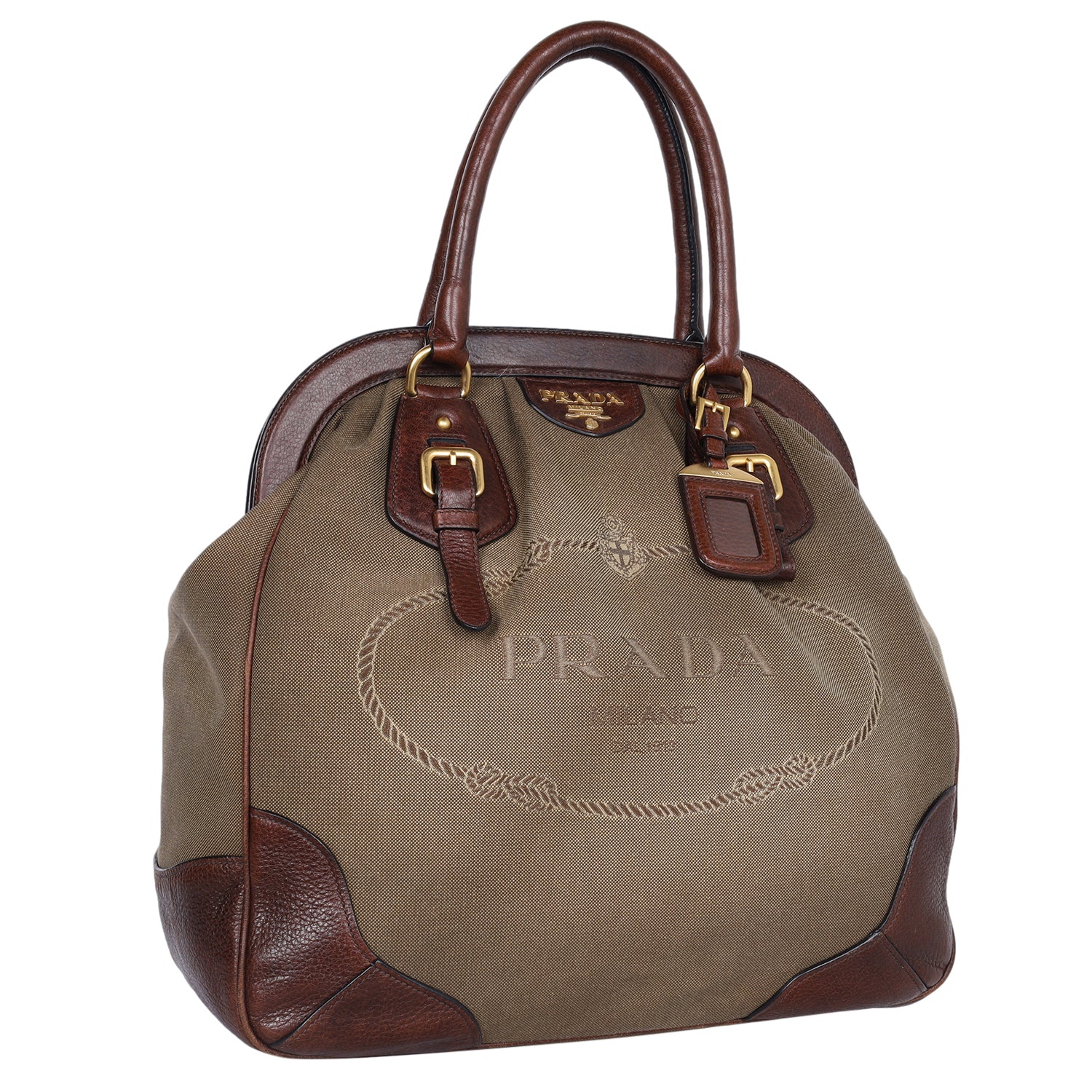 PRADA Brown Canvas Jacquard Logo Leather Crossbody Shoulder Bag With  Dustbag