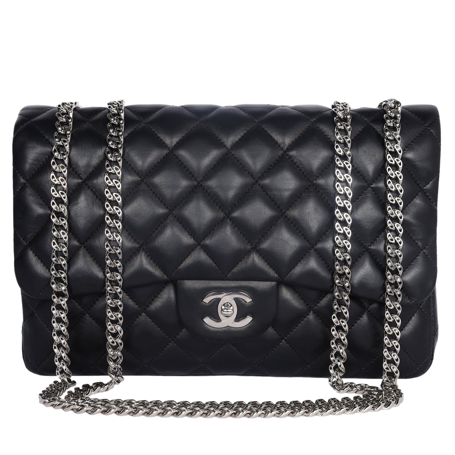 Auth Chanel V Stitch W Chain Women's Leather Shoulder Bag Black