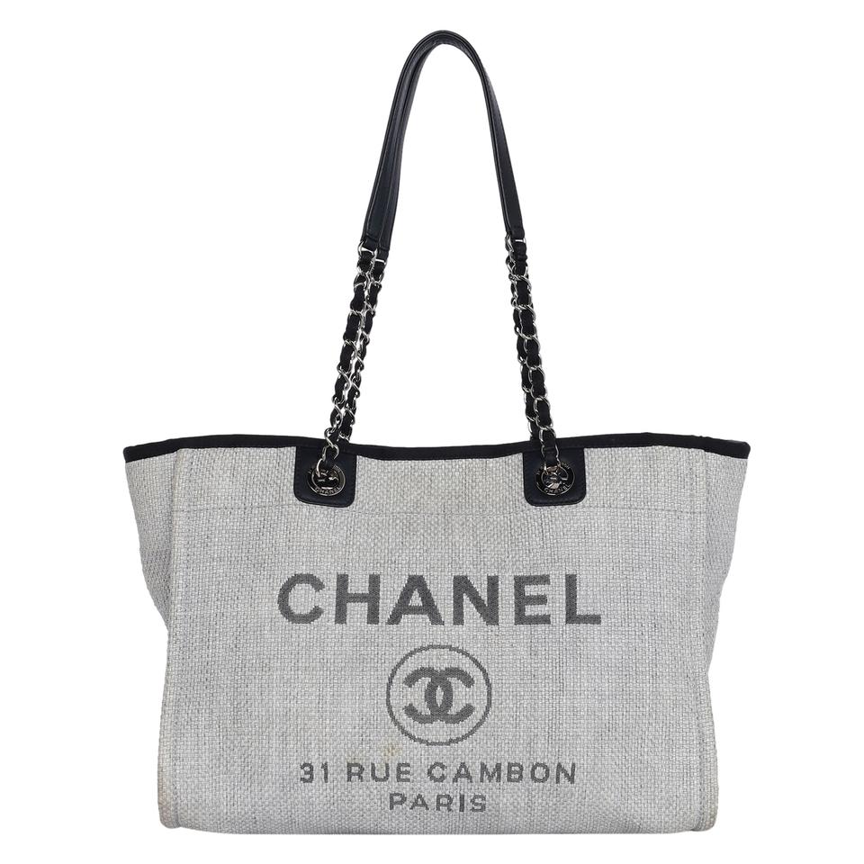Chanel Deauville Tote Large Light Beige in Canvas with Silver-tone - US