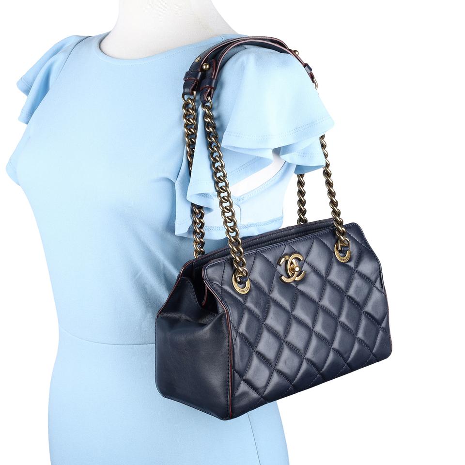 Chanel Chain Handle CC Flap Quilted Leather Shoulder Bag Blue