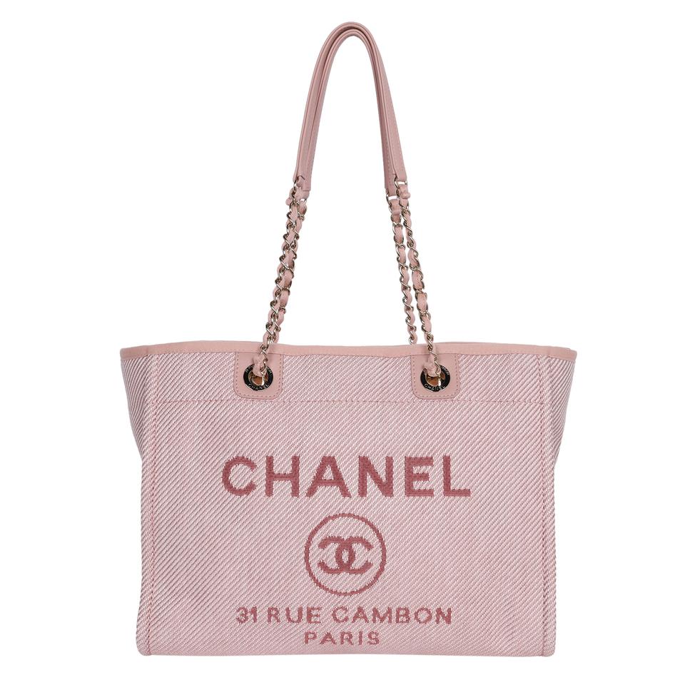 CHANEL Canvas Leather Deauville Tote Shoulder Bag (Authentic) Cloth Pink