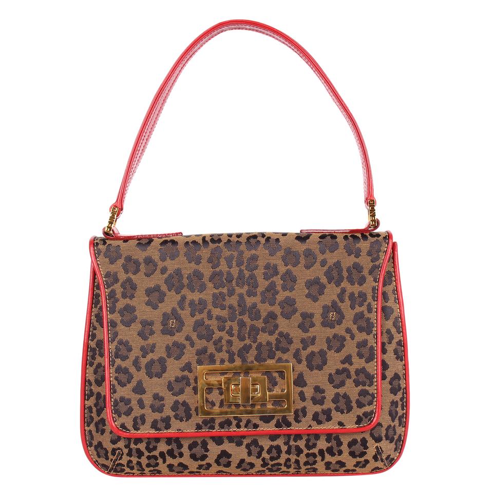 Fendi Leopard Boston Bag 26 Red Leather Trim and Handle 