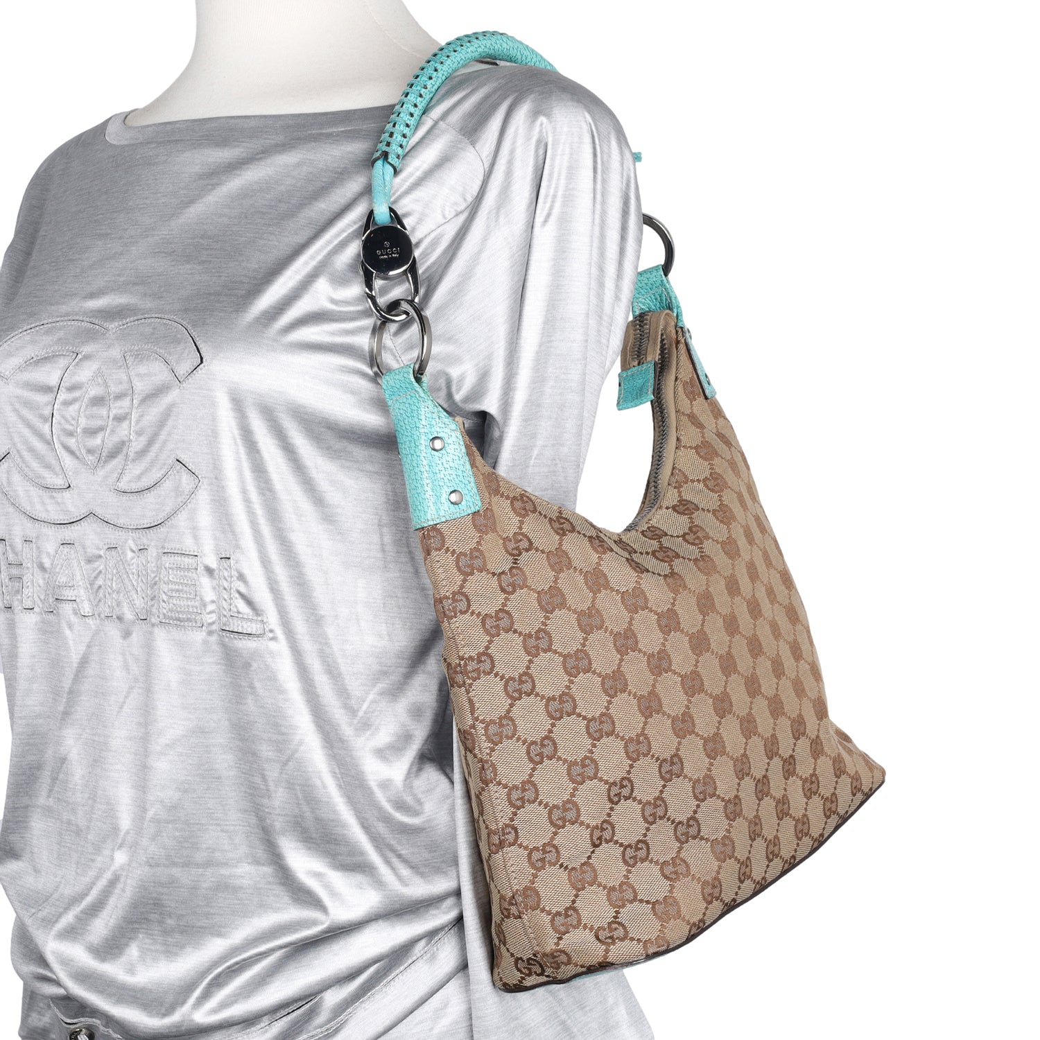 Gucci Beige GG Monogram Canvas Small Hobo Shoulder Bag Ruthenium