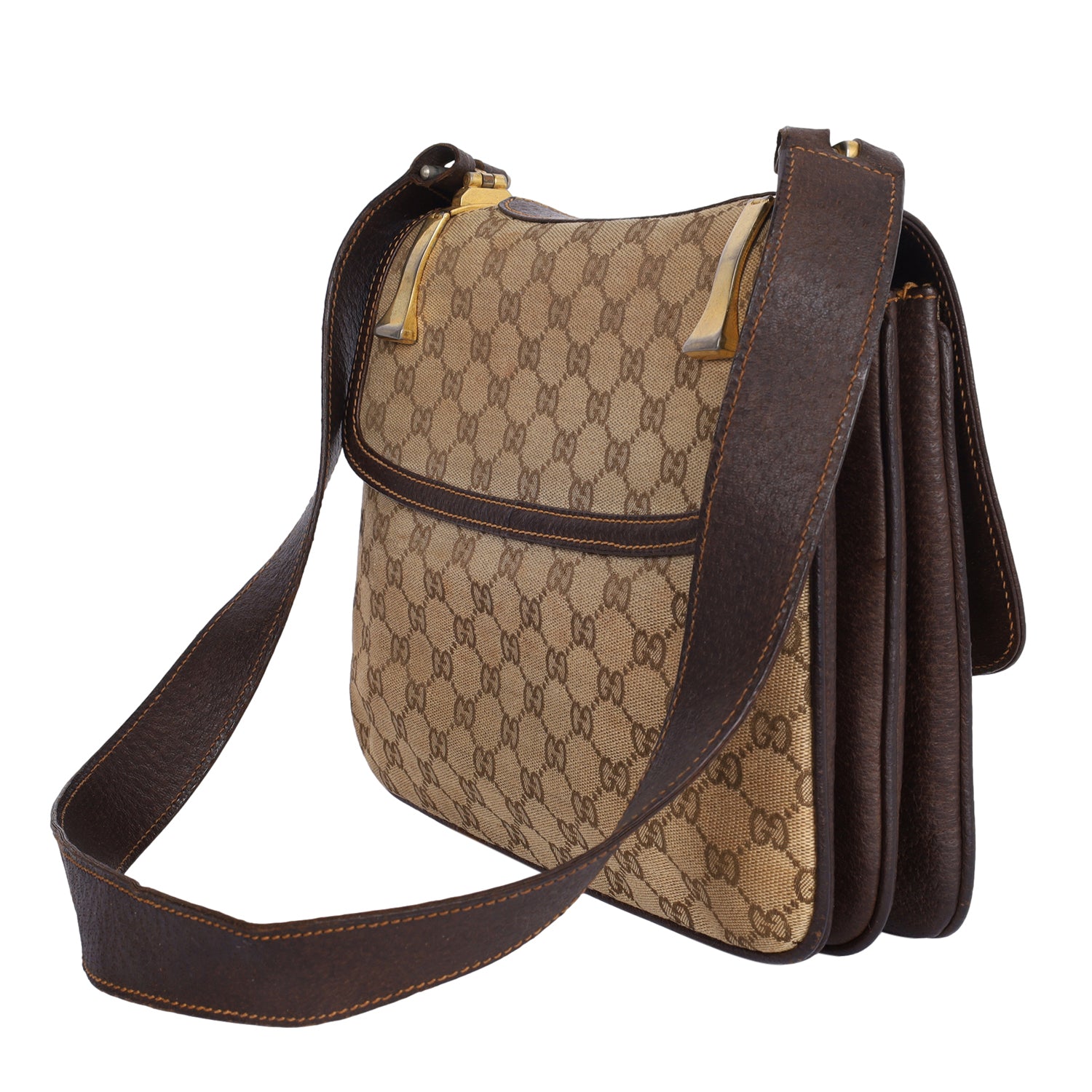 Gucci Vintage Gucci GG Beige Canvas & Brown Leather 2 Way Flap