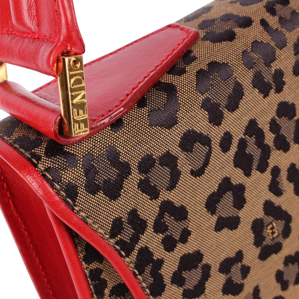 Fendi Leopard Boston Bag 26 Red Leather Trim and Handle 