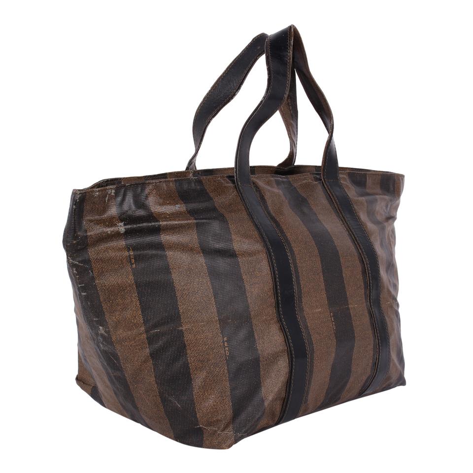 Fendi Brown Leather and Tobacco Pequin Stripe Canvas Large Tote Bag 8BN254  - Yoogi's Closet